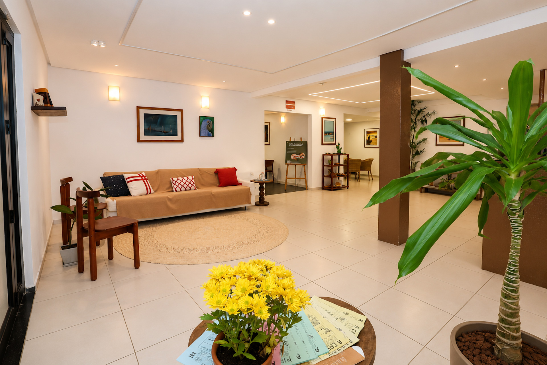Sala de estar com sofá, almofadas coloridas e plantas