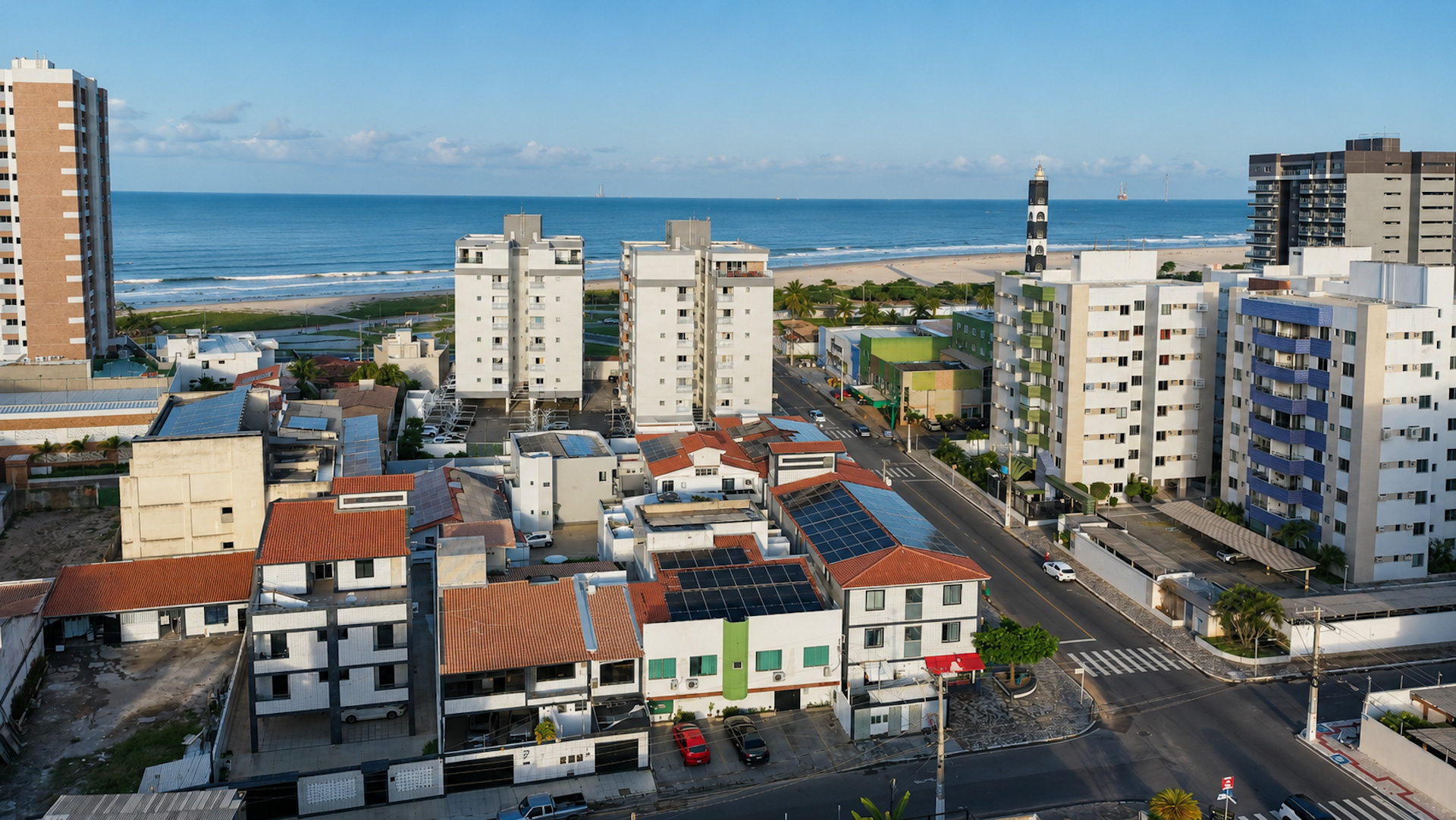 Vista panorâmica aérea da cidade litorânea, prédios com painéis solares, praia e mar ao fundo